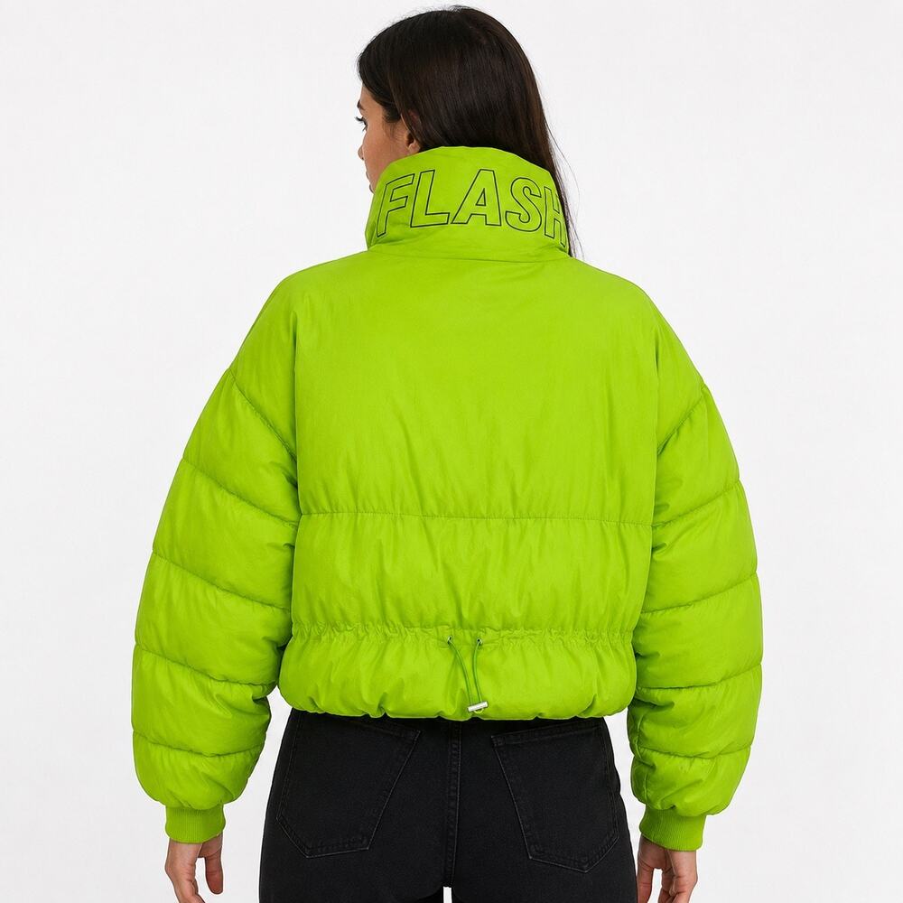 Bershka Y2K Neon Green Puffer Jacket XS/S Cropped Bubble Coat Flash Logo